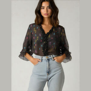 Oxygen Sheer Top Blouse Womens 16 Black Silk Colorful Geometric Shape Ruffle